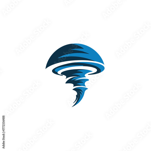 Abstract blue stylized tornado, hurricane, or whirlpool graphic illustration. Dynamic spiral symbol of swirling wind and water energy.