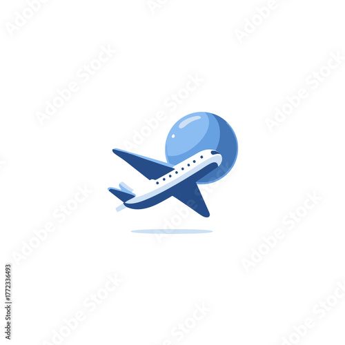 Global travel concept icon featuring an airplane flying around a blue sphere, symbolizing international flights, worldwide journey, and tourism.