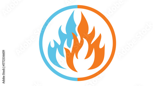 Abstract dual flame icon with blue and orange fire in a circle, symbolizing hot and cold energy, temperature contrast, heating and cooling
