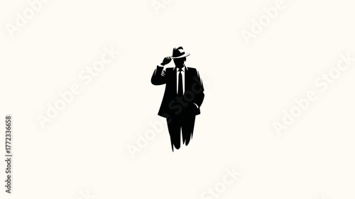 Elegant silhouette of a man in a suit and fedora hat tipping his hat, portraying vintage style, professionalism, and mystery.