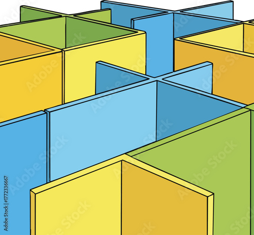 Abstract Geometric Structure Yellow Blue Green Panels Intersecting Creating Cubic Shapes and Perspective