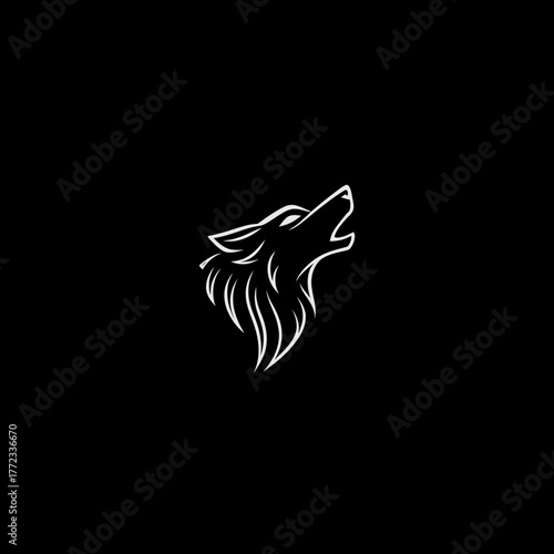 Stylized white wolf head howling outline on black background, minimalist vector illustration, predatory animal graphic design asset