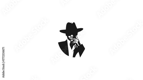 Stylish mysterious man in fedora hat and suit with sunglasses, finger to lips. Black and white graphic icon for silence, secret, contemplation.