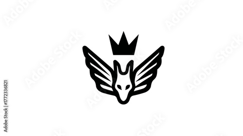 Majestic winged canine head with crown symbol. Black and white graphic illustration, icon, or logo element. Fantasy animal emblem.