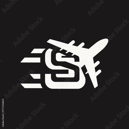 Dynamic vector illustration of a modern airplane silhouette with speed lines, symbolizing fast global travel, logistics, and rapid delivery concept.