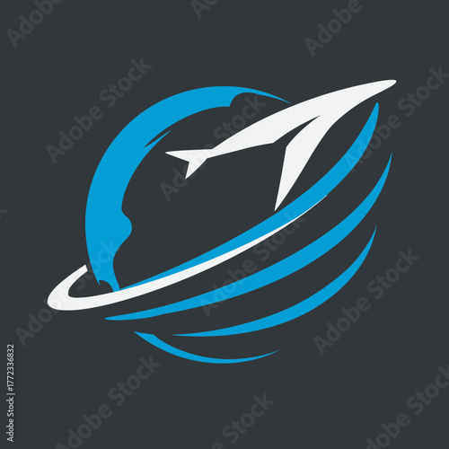 Modern vector graphic of a soaring airplane circling a blue globe, symbolizing global travel, aviation, and international journey