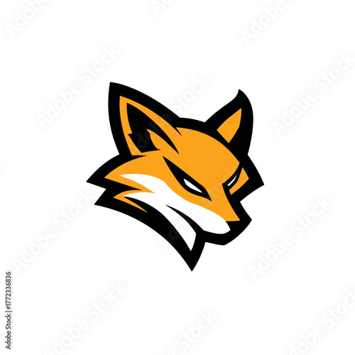 Modern stylized fox head vector illustration. Sleek, cunning wild animal mascot design in orange and black for branding, sports, or gaming.