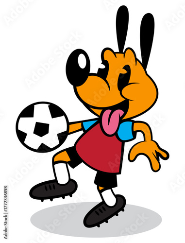 A Funny cartoon of Puppy wearing soccer uniform and playing with a ball. Best for Kids' Sticker, Sportswear Logo, and Youth League Branding
