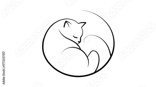 Elegant minimalist line art illustration of a sleeping cat curled up in a circle. Simple black and white vector graphic design.