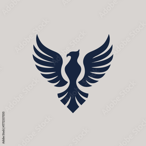 Stylized Dark Blue Eagle Phoenix Silhouette Logo Design. Elegant Bird with Spread Wings Icon on Light Background. Symbol of Power, Freedom, Strength.