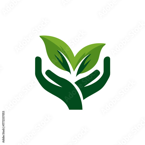 Hands gently cupping vibrant green leaves vector graphic, symbolizing nature conservation, eco-friendly concepts, organic growth, and environmental care.