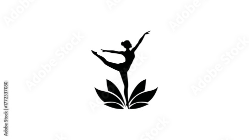 Elegant black silhouette of a woman dancing or performing yoga, balancing gracefully on a stylized lotus flower, symbolizing harmony and beauty.