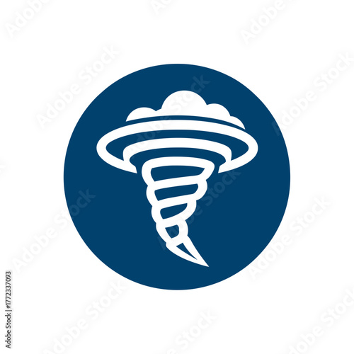 Stylized tornado cyclone vortex icon in a dark blue circle. Weather warning symbol, storm, natural disaster concept.