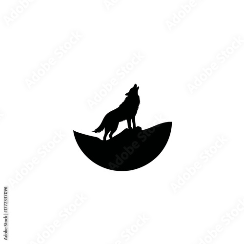 Stylized black silhouette of a howling wolf on a crescent moon or abstract hill. Minimalist graphic icon, isolated on white.