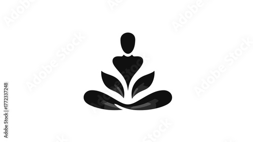 Abstract black silhouette of person meditating in lotus pose with leaf elements, symbolizing peace, yoga and wellness