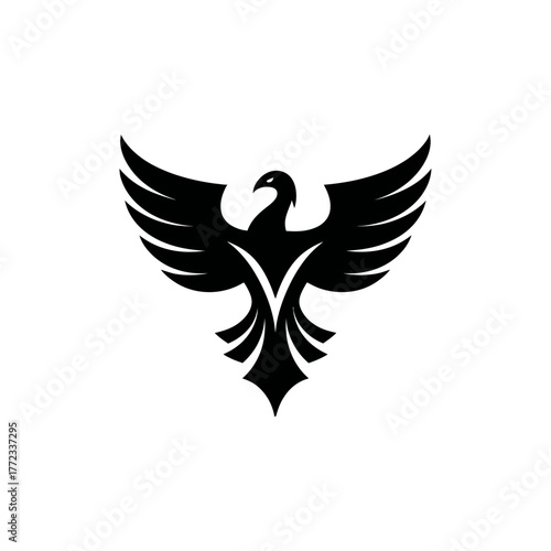 Powerful black phoenix bird silhouette with wings spread, elegant mythological creature icon, symbol of strength, rebirth, and freedom vector graphic