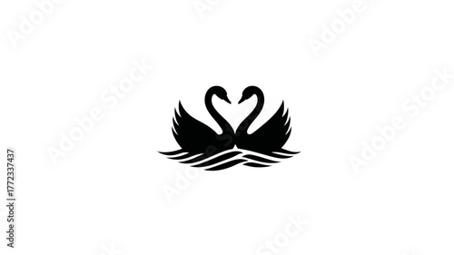 Graceful black swans forming a heart shape on rippling water, elegant minimalist graphic design, love and romance symbol