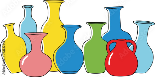 Collection of Colorful Ceramic Vases and Pottery in Various Shapes and Sizes