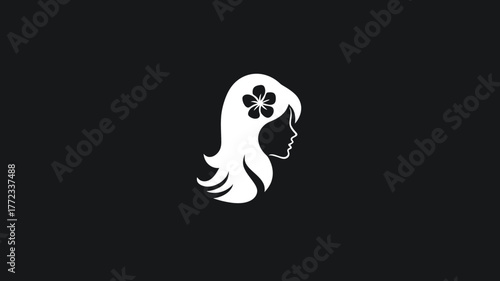 Elegant minimalist silhouette of a woman's profile with long flowing hair and a tropical flower, representing beauty and nature