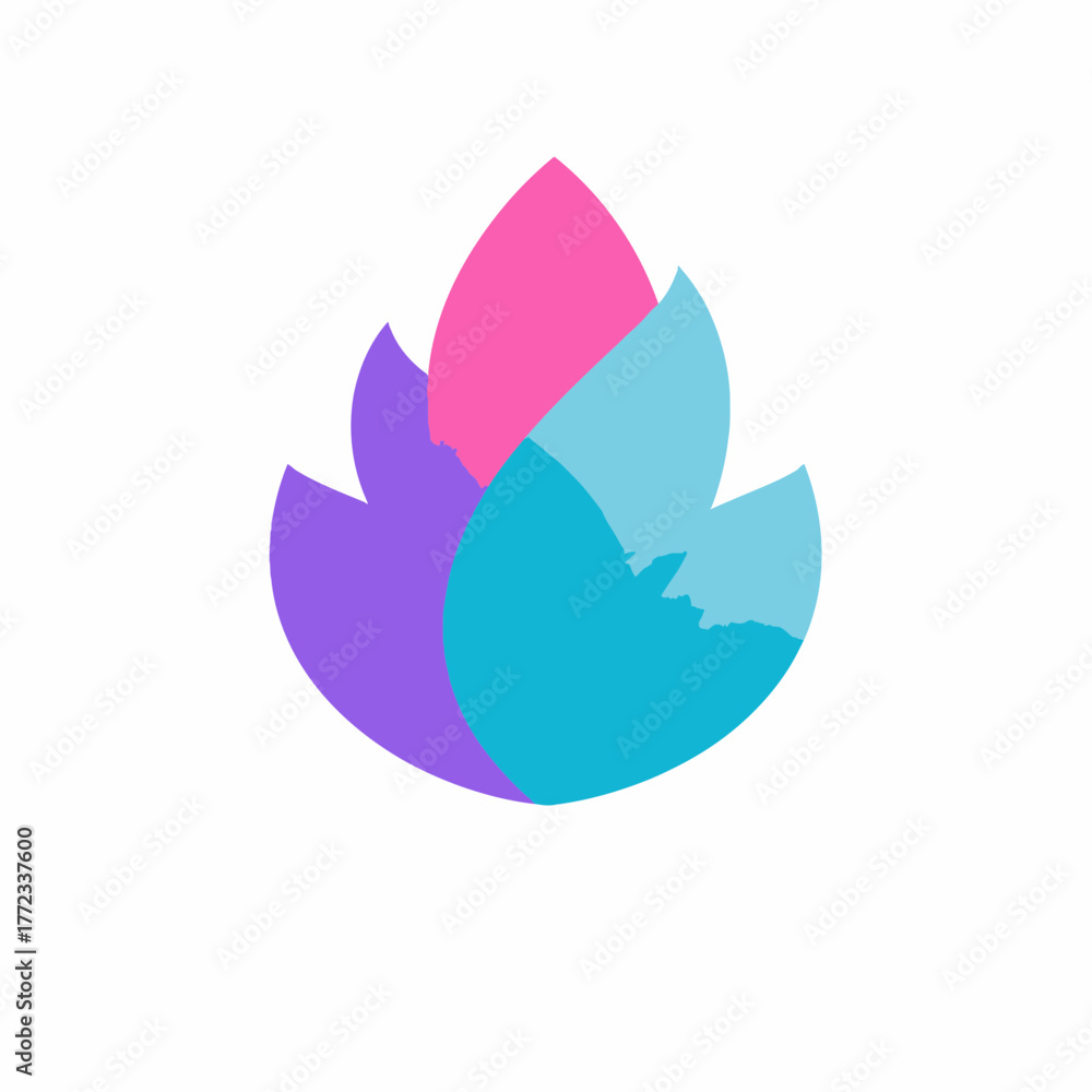 Fototapeta premium Modern abstract colorful organic shape design element. Stylized leaf, petal, or flame icon in pink, purple, and blue tones.
