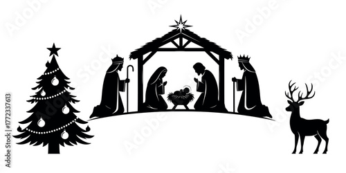Nativity Scene Silhouette with Christmas Tree and Reindeer