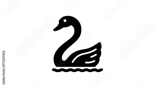 Minimalist black swan icon, elegant aquatic bird symbol swimming on water. Flat vector illustration, clean graphic design element.