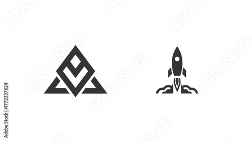 Modern Abstract Geometric Symbol and Rocket Launch Icon Set. Vector Graphics for Business, Technology, Startup, and Innovation Concepts.