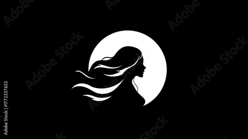 Elegant woman silhouette with long flowing hair against a white circle on black background. Minimalist graphic design element.