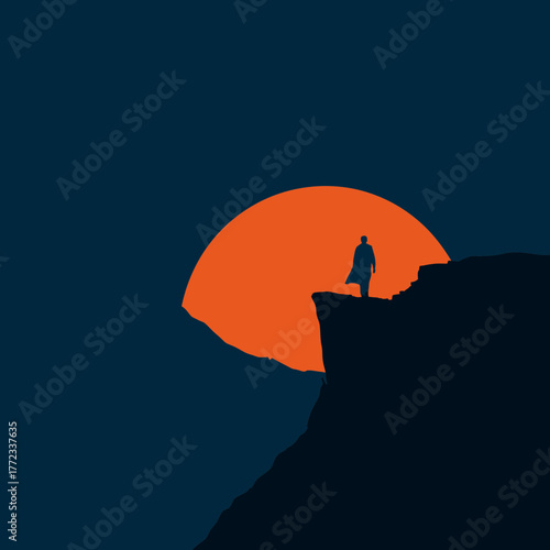 Dramatic silhouette of a lone figure on a cliff edge overlooking a vast orange sunset or rising planet in a dark, minimalist landscape.