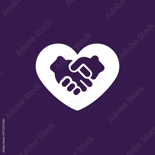Cooperation and partnership handshake icon in white heart on purple background, symbolizing agreement, unity, trust, and support