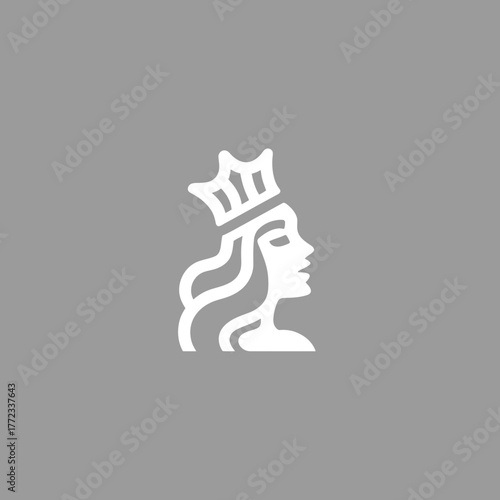 Elegant crowned woman profile silhouette icon, minimalist white vector illustration on a solid grey background, royal female figure design
