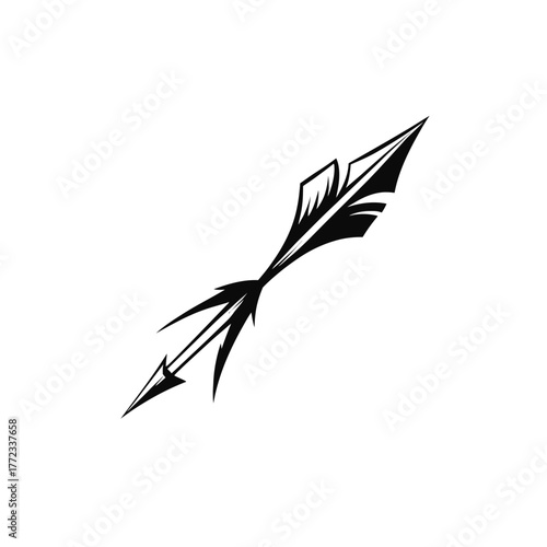 Stylized black arrow vector graphic with detailed feather fletching and sharp arrowhead, isolated on white, symbolizing direction, aim, and accuracy.