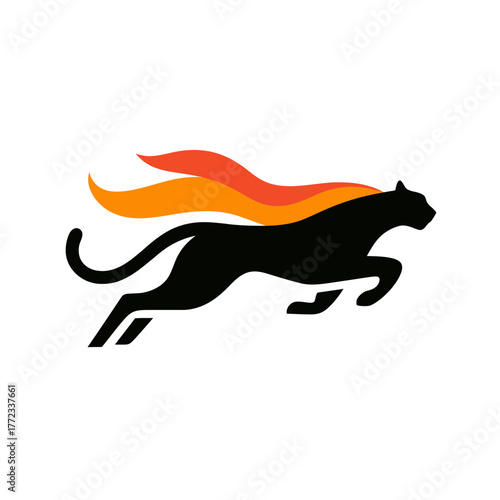 Dynamic abstract black big cat silhouette with vibrant fiery orange and red mane, leaping, symbolizing speed, power, and agility.