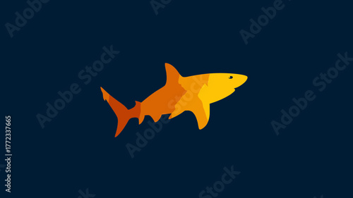 Geometric low poly orange shark illustration swimming in dark blue ocean, abstract marine predator with sharp fins.
