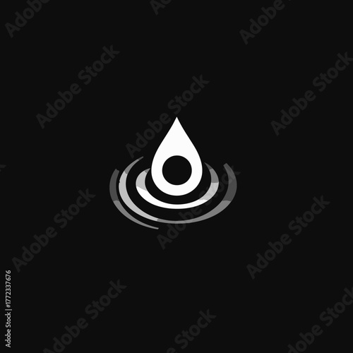 Minimalist white water drop with concentric ripples icon on a black background. Abstract symbol for purity, liquid, or sound waves.