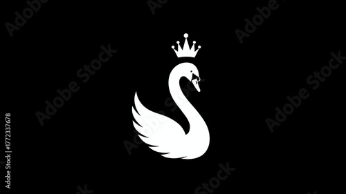 Elegant white swan with a regal crown on a minimalist black background. Majestic bird graphic design, luxury concept.