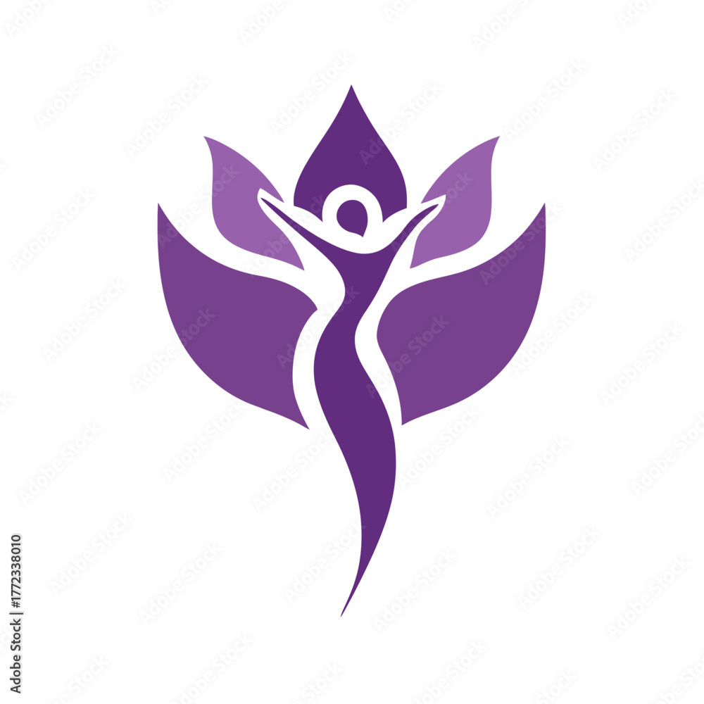 Fototapeta premium Stylized abstract purple woman figure in lotus flower graphic, representing wellness, beauty, spirit, and personal growth.