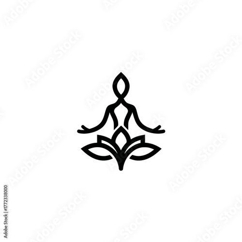Abstract Line Art of Meditating Person in Lotus Pose with Flower Base, Symbolizing Yoga, Wellness, Mindfulness, Peace, and Spirituality