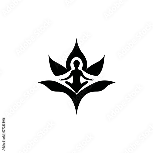 Black silhouette of person meditating in lotus pose within a stylized lotus flower, representing yoga, peace, wellness, and spirituality.