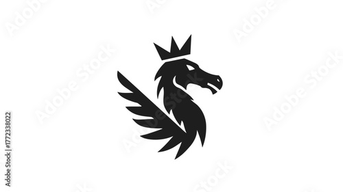 Elegant black mythical creature head silhouette with crown and wing. Stylized fantasy beast graphic on white background.