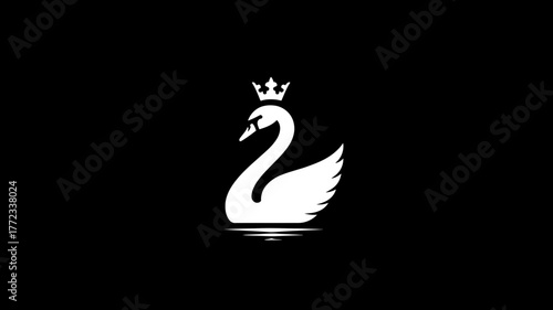 Elegant white swan icon with a crown, minimalist regal bird illustration on a black background. Graceful royal animal logo concept.