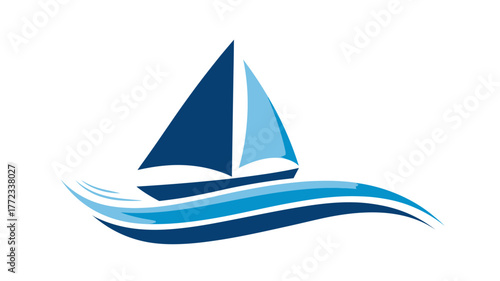 Stylized blue sailboat sailing on abstract ocean waves vector illustration. Marine travel, leisure, summer vacation concept.