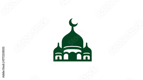 Stylized Green Mosque Icon with Crescent Moon Symbol on White Background, Representing Islamic Worship and Culture