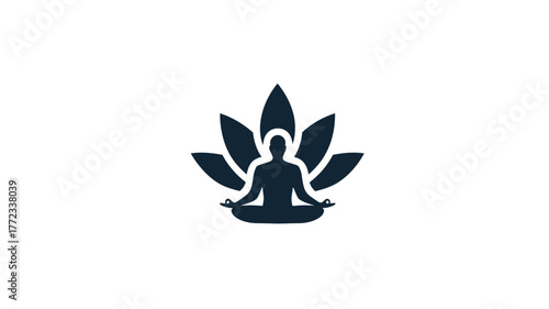 Minimalist meditation yoga icon: silhouette person in lotus pose with lotus flower, symbolizing peace, mindfulness, and wellness.