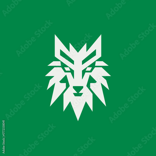 Geometric white wolf head icon on a solid green background, modern stylized animal design, minimalist predatory symbol artwork