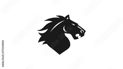 Powerful black horse head silhouette with aggressive expression, stylized dynamic equine design, strong animal mascot symbol