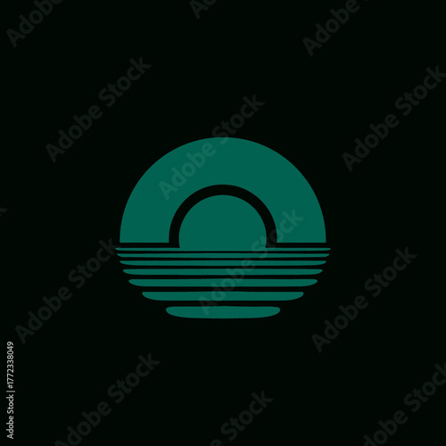 Minimalist Abstract Graphic Design with Teal Arc and Horizon Lines on Dark Background, Evoking Sunset or Sunrise over Water