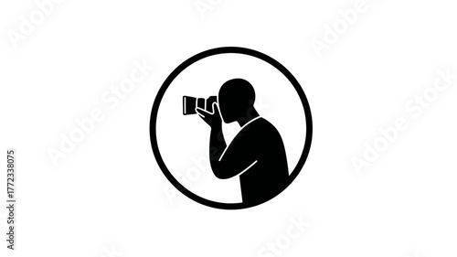 Black and white icon of a photographer with a camera in a circle, representing photography, media, visual art, and creative hobby.