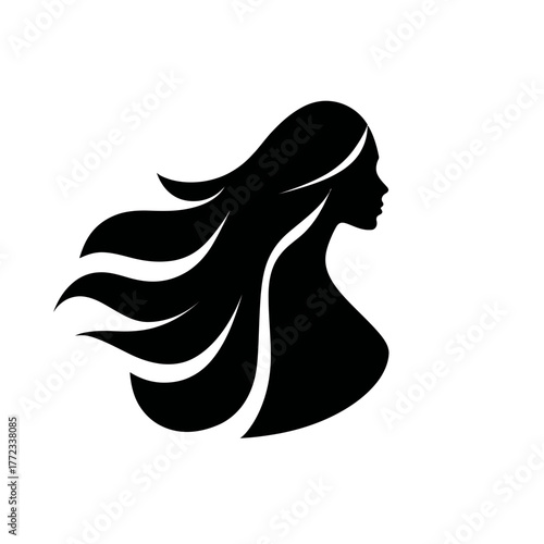 Elegant black silhouette of a woman's profile with long, flowing hair, representing beauty, style, and femininity
