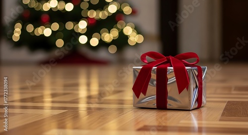 A silver wrapped gift with a red ribbon sits on a wooden floor in front of a blurred Christmas tree.
